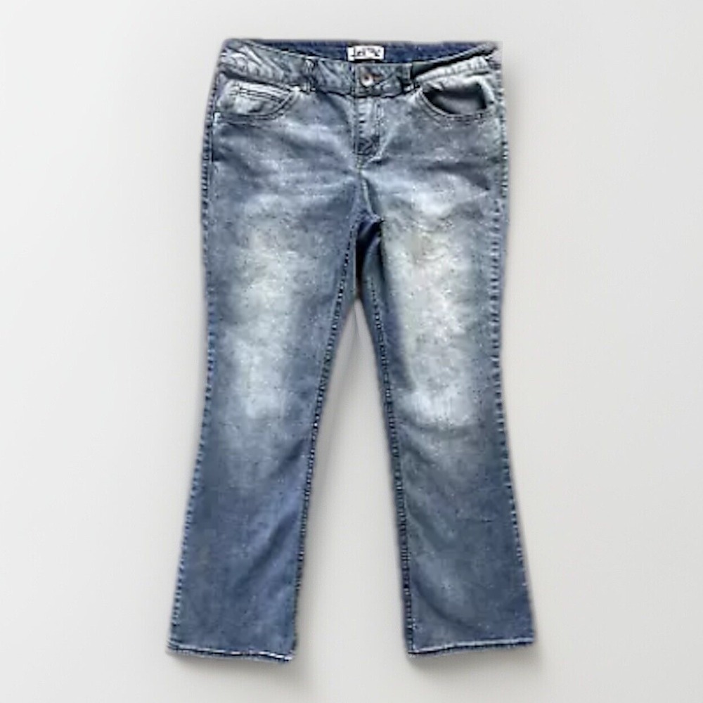LEI Jeans Bootcut Women 13 Short Blue Good Distressed Flap‎ Pocket Ashley Louise